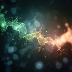 A vibrant, abstract representation of a colorful wave, illustrating movement with glowing particles in shades of green, yellow, and orange against a dark background.