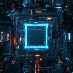 Complex Circuitry and Glowing Elements Create an Intricate Digital Landscape Showcasing Advanced Technology and Innovation in a Futuristic City Setting