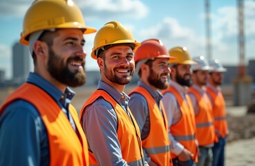 Construction workers team smiles at work site. Pro builders wear bright safety vests. Stand together on large construction project. In row looking forward. Day sunny, environment outdoors. Group of