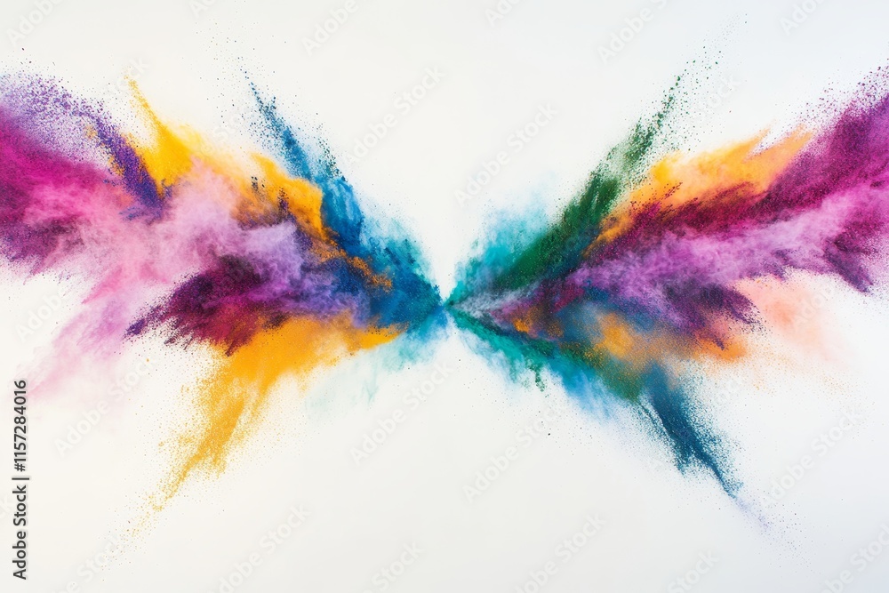 Poster vibrant explosion of colored powders creating an abstract butterfly shape on a white background