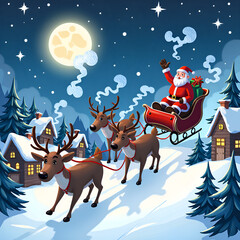 Fototapeta premium Jolly santa on sleigh gliding through a starry winter wonderland with reindeer, digital illustration of fantasy concept.