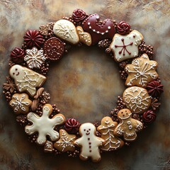 Fototapeta premium Festive Holiday Wreath Made of Decorated Gingerbread Cookies on Rustic Background for Christmas Celebration