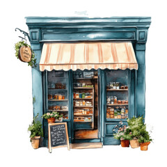 Store watercolor illustration with open doors, inviting community and interaction. PNG transparent background.