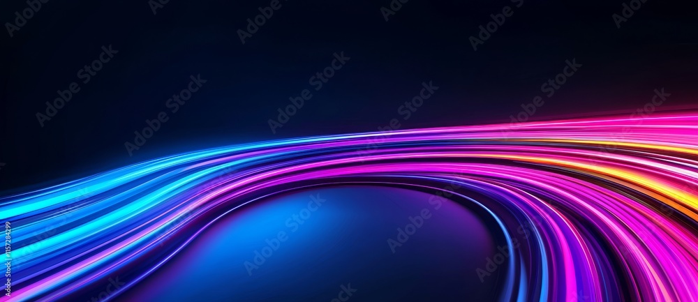 Poster the speed of acceleration on a nighttime road. lights and stripes streak swiftly across a dark backd