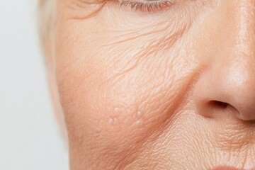 Fototapeta premium Repairing hydration in aging skin concept. A close-up of an older woman's face, highlighting fine lines and texture on her skin, emphasizing age and natural beauty.