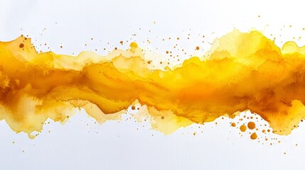 A white background is textured by splashes of yellow watercolor paint.