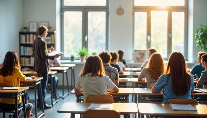 Modern classroom scene. Teacher addresses students. Diverse students focused on lesson. Bright room with natural light. Active learning environment. Collaboration, engagement highlighted. Students
