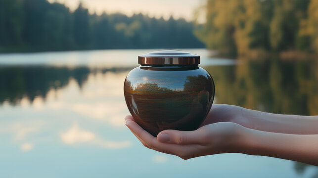 A man holds a black urn near a lake at sunset to scatter the ashes of the deceased.