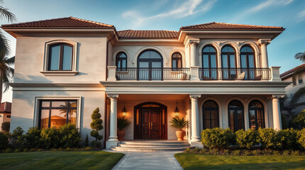 Two-Story Beige House with Arched Windows and Red Tile Roof