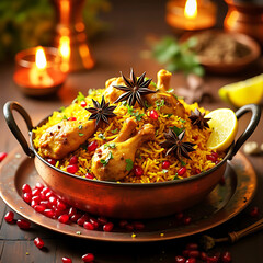 AI generated bowl of spicy chicken biryani with lemon on Ramadan.