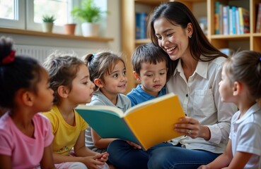 Kindergarten children gather around teacher reading book. Diverse group of children learning, enjoying early education. Engaged, happy. Teacher interacting with students in classroom setting.