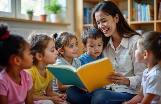 Kindergarten children gather around teacher reading book. Diverse group of children learning, enjoying early education. Engaged, happy. Teacher interacting with students in classroom setting.