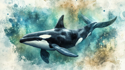 Obraz premium majestic killer whale swims gracefully through vibrant underwater scene, surrounded by abstract splashes of blue, green, and beige hues, evoking sense of wonder and tranquility