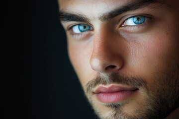 Obraz premium A close-up shot of a man with piercing blue eyes and well-groomed facial hair, exuding intensity and focus, photographed against a dark background.