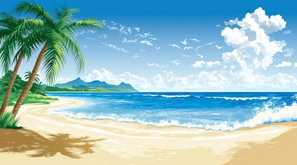 Obraz premium Beautiful Tropical Beach With Palm Trees, Blue Ocean Waves, and Distant Mountains Under a Clear Sky During a Sunny Day