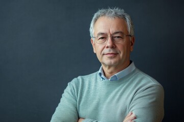 Obraz premium A distinguished older man with gray hair and glasses stands confidently against a dark backdrop, emanating experience, wisdom, and a thoughtful demeanor.