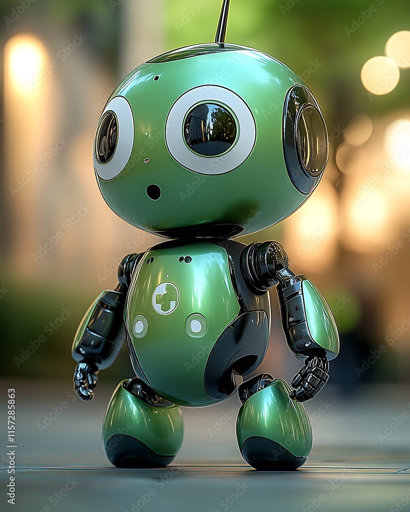 Aufkleber cute green robot toy with big eyes and antenna in futuristic sci-fi setting : generative ai