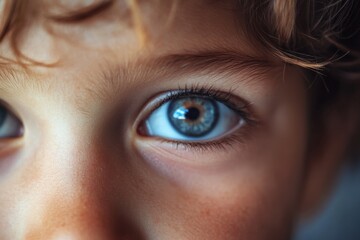 Fototapeta premium A mesmerizing close-up of a child's captivating blue eye with long eyelashes, capturing the innocence, wonder, and purity through the lens of natural light.