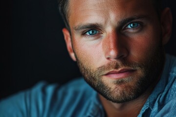 Obraz premium A striking portrait of a rugged man with deep blue eyes and a focused, intense expression, projecting strength and determination in a dark, moody setting.