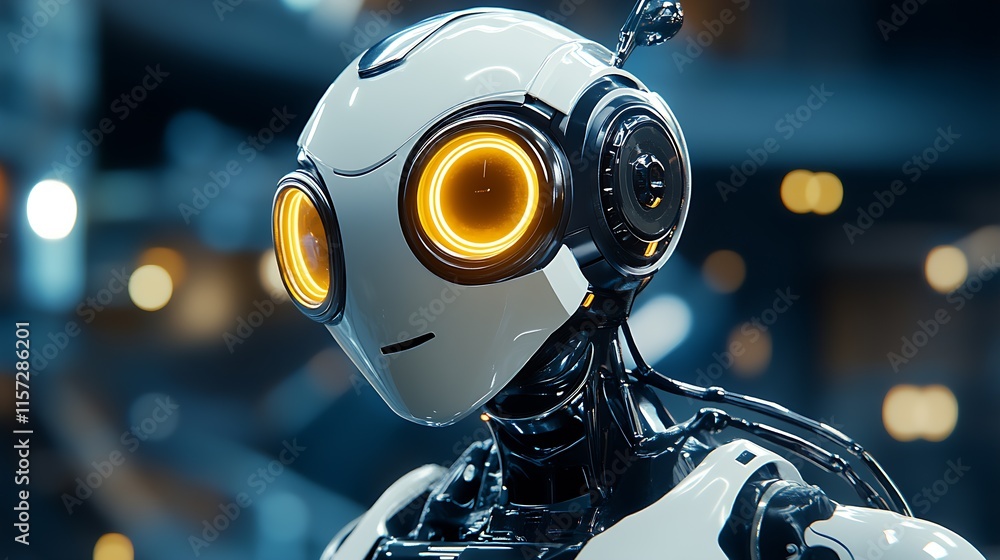 Poster futuristic white robot with glowing yellow eyes in modern environment : generative ai