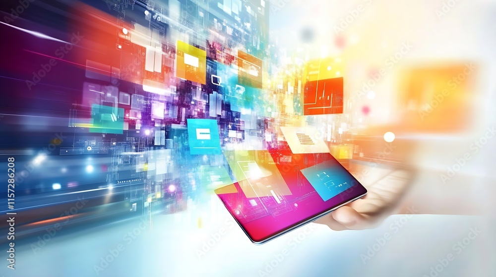 Poster Abstract Digital Display Concept with Vibrant Colors and Touchscreen Tablet in Futuristic Scene : Generative AI