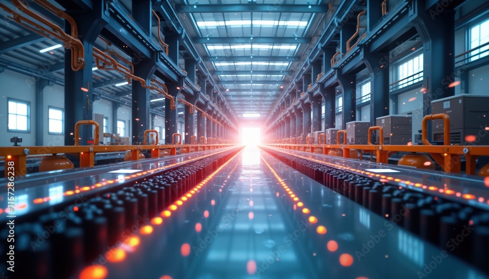 Aufkleber Futuristic smart factory. Advanced tech. Automated manufacturing process. Robotic arms. Efficiency, productivity. Holographic display. AI, IoT systems. Modern production line. High tech industry.