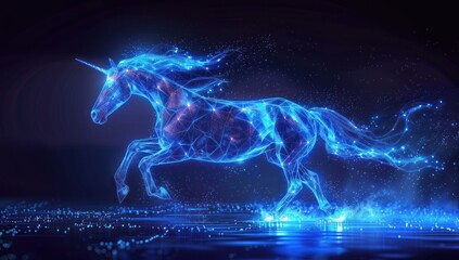 Glowing Digital Unicorn Running on a Blue Surface