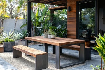 Muted outdoor dining table with two wooden benches, light brown wood and dark gray metal frame, in patio area with plants and natural lighting.