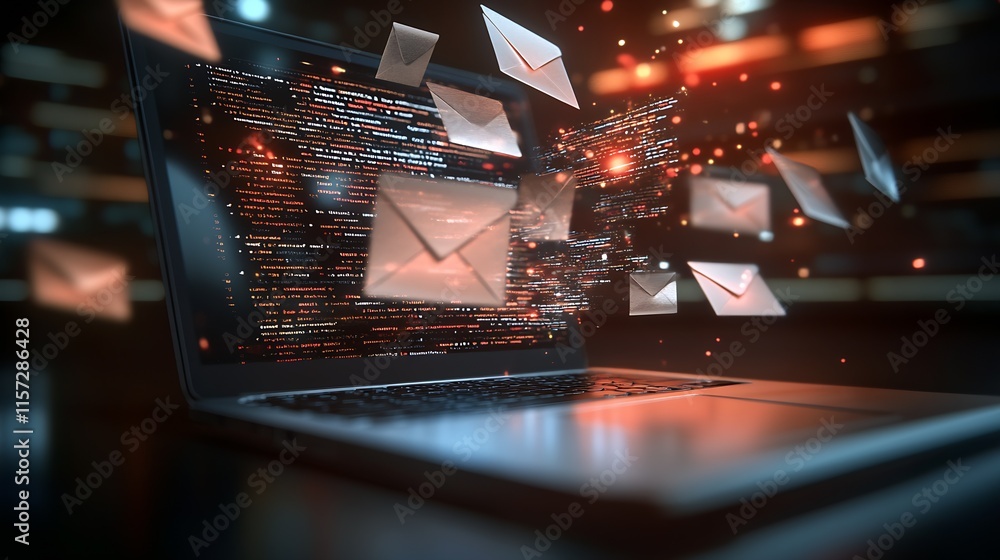 Poster Digital communication concept with emails flying out from laptop screen programming code background : Generative AI