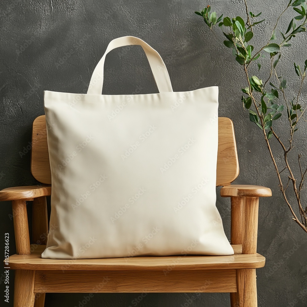Poster simple canvas tote bag displayed on a wooden chair against a textured background with a hint of gree