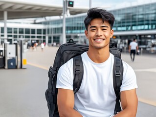 A young man with a backpack smiles at the camera
