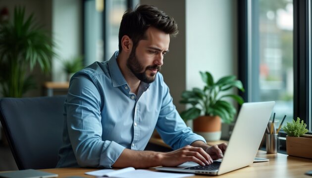 Man works on laptop in office. Businessman sits at desk indoors. Concentrated on laptop screen. Modern office scene. Casual business attire. Focus on work. Indoor setting. Businessman using tech for