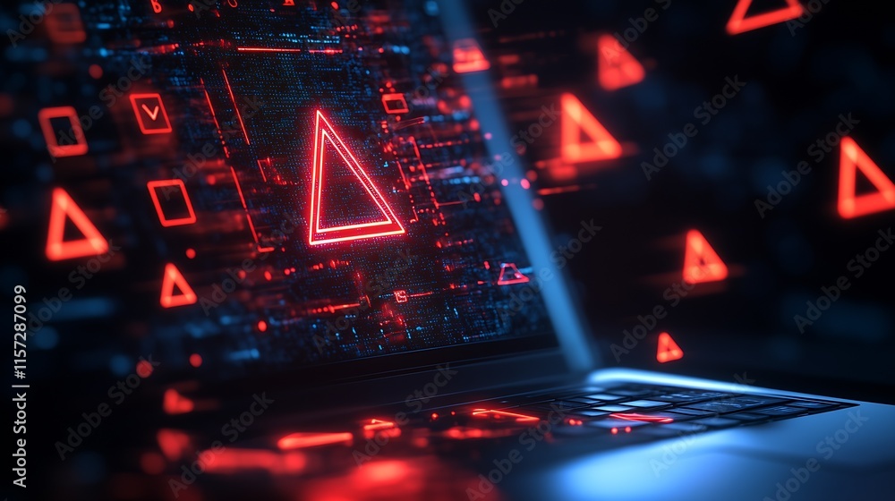 Poster Digital warning triangle on cybersecurity concept laptop screen in low light setting : Generative AI