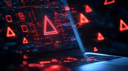 Digital warning triangle on cybersecurity concept laptop screen in low light setting : Generative AI