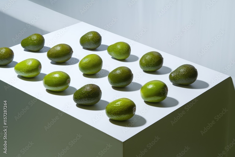 Poster a grid of ripe avocados on a white surface, elegantly arranged in a minimalist style.