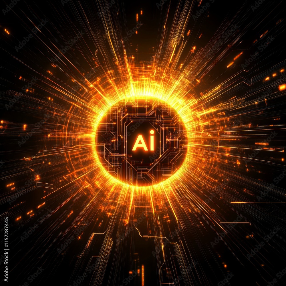 Poster bright abstract representation of artificial intelligence concept with glowing circuitry and ai symb