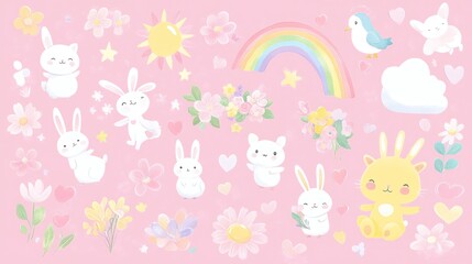 Adorable Pastel Bunnies Rainbow Flowers Cute Animals Pink Background