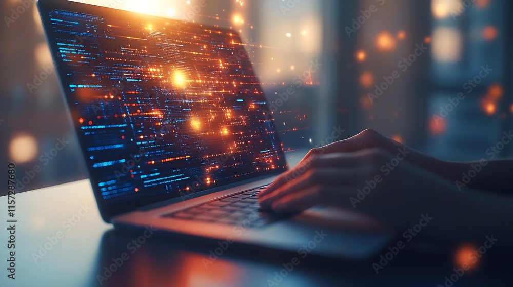 Poster Closeup of Person Using Laptop with Futuristic Coding Data and Digital Technology Background : Generative AI