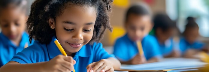Diverse classroom of children in blue uniforms engaging in creative writing activities : Generative AI