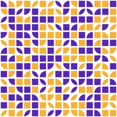 Seamless pattern featuring a repeating grid of overlapping squares and quarter-circles in vibrant yellow and purple hues on a white background.