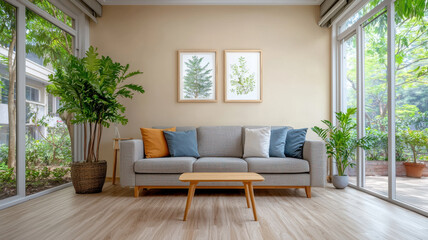 Cozy living room with modern sofa, plants, and natural light