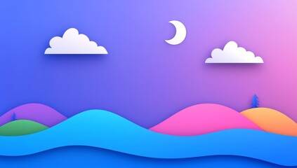 A digital graphic illustration featuring a skyline design, set against a dark blue background with a luminous purple light glare along a blurred horizon line.