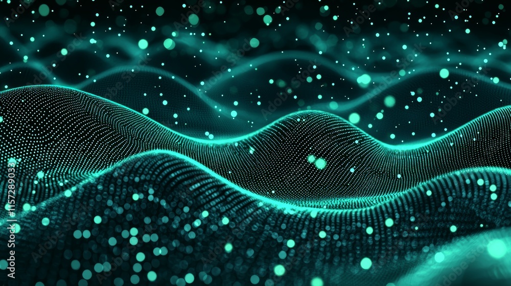 Aufkleber Digital Waves of Light Create an Abstract Pattern With Particles Floating in a Dark Background