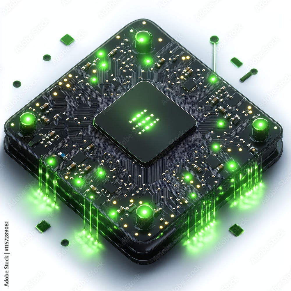 Poster advanced microchip with glowing green circuits showcases cutting-edge technology and innovation in e