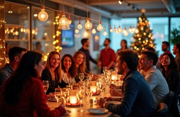 Happy coworkers enjoy festive office party. People laughing, smiling seated at long table. Christmas tree visible. Warm lighting, festive decorations create cheerful ambiance. Joyful atmosphere of