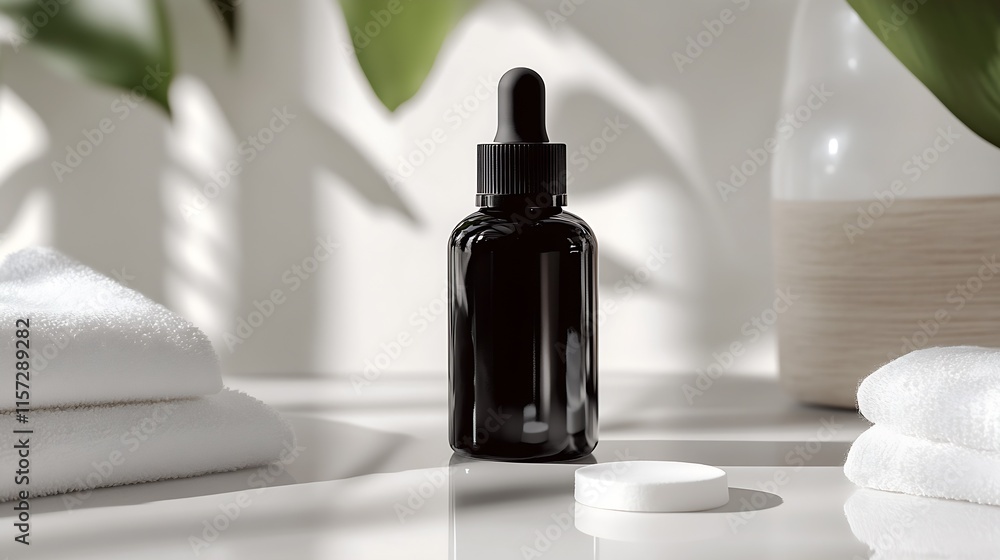 Poster Elegant Black Dropper Bottle on Spa Setting with Green Plants and White Towels : Generative AI