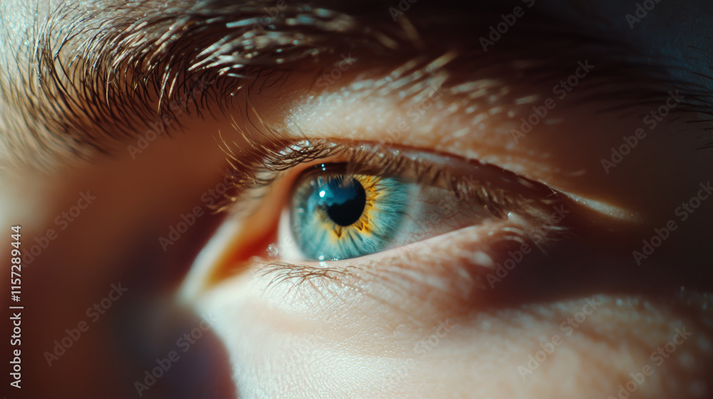 Poster close-up view of a human eye highlighting unique blue and brown iris patterns with soft lighting eff