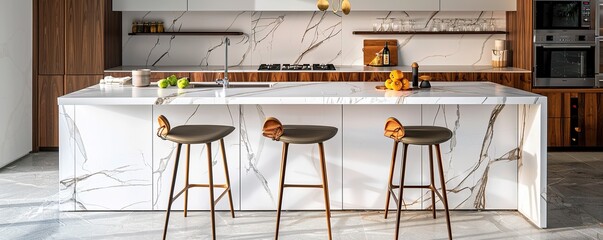 Modern minimalist kitchen interior with bar stools