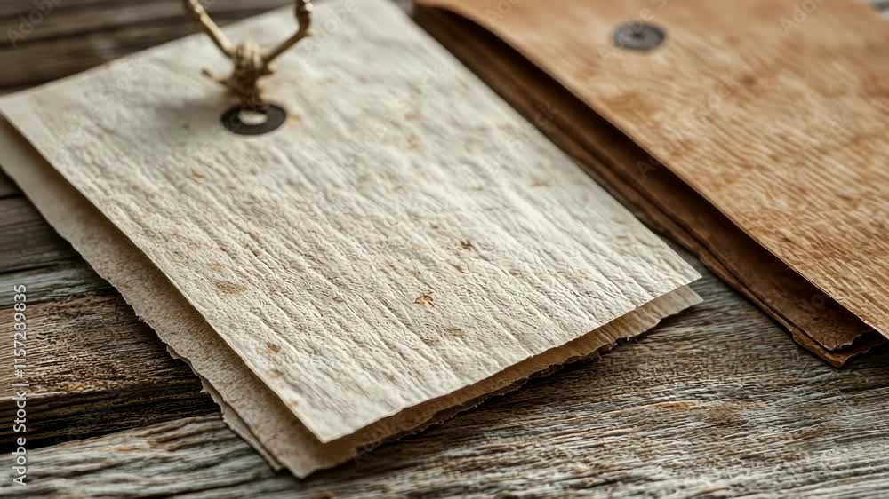 Poster a detailed view of printed labels made from recycled paper highlighting their rustic finish and inks