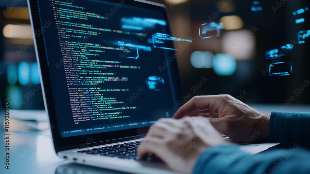 Poster developer typing on laptop with holographic api icons overhead